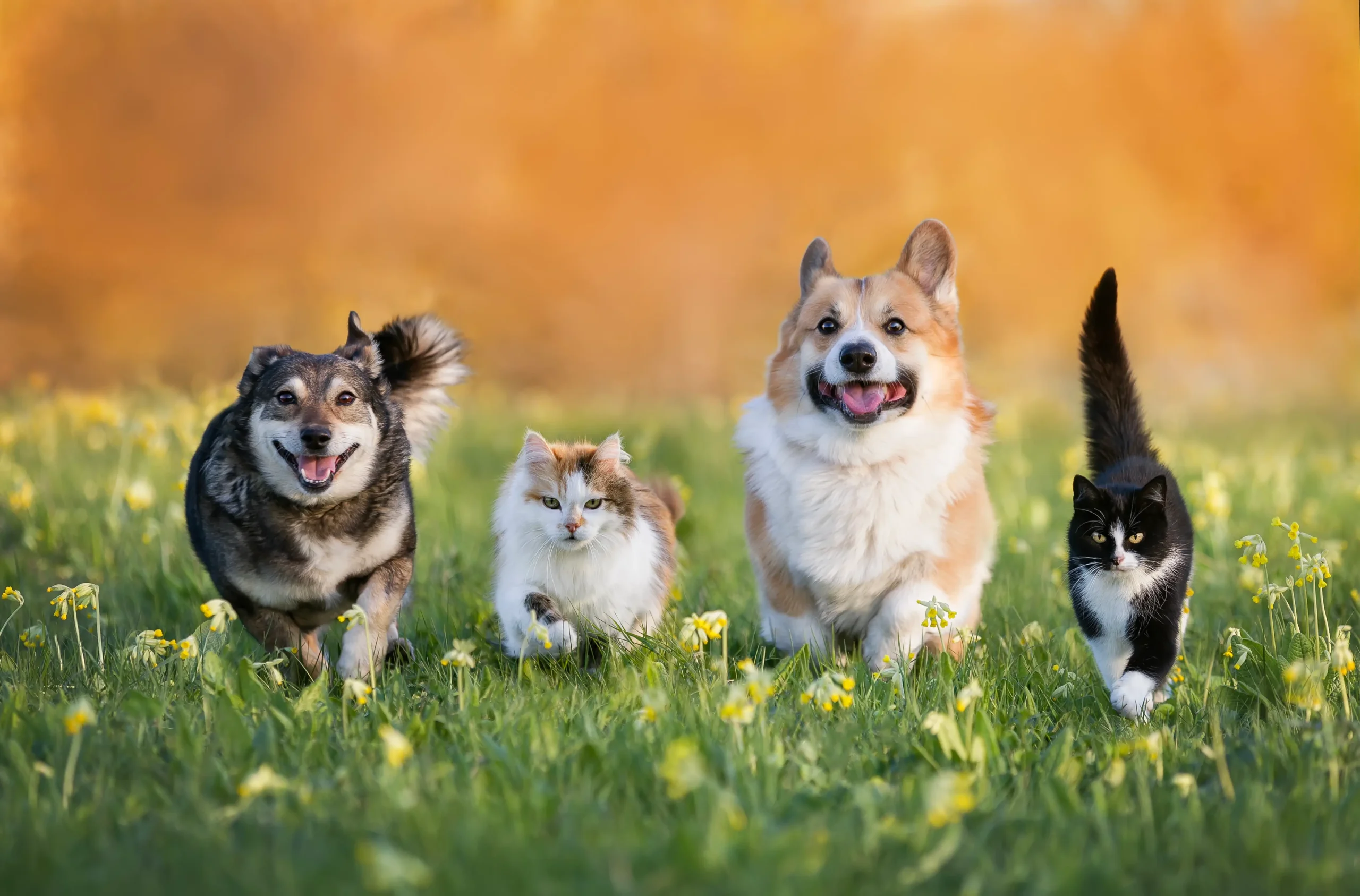 dogs and cats running in a field